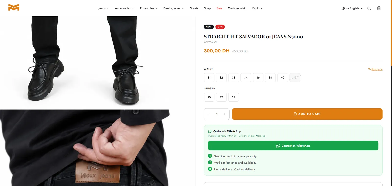 Mieux Jeans : Taille × longueur, et commande WhatsApp